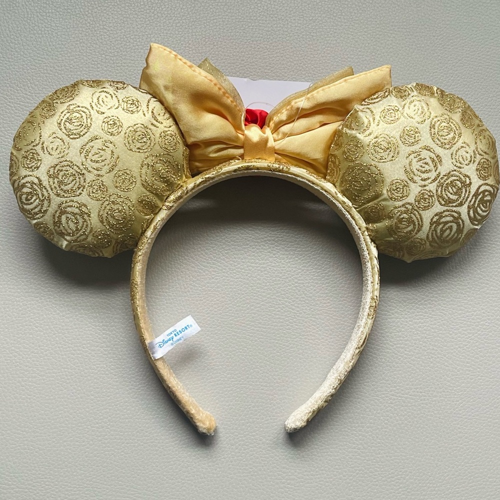Tokyo Disney 💫 Ears Gold w Red rose, themed for Belle bedazzled in shiny gold. - Picture 2 of 3